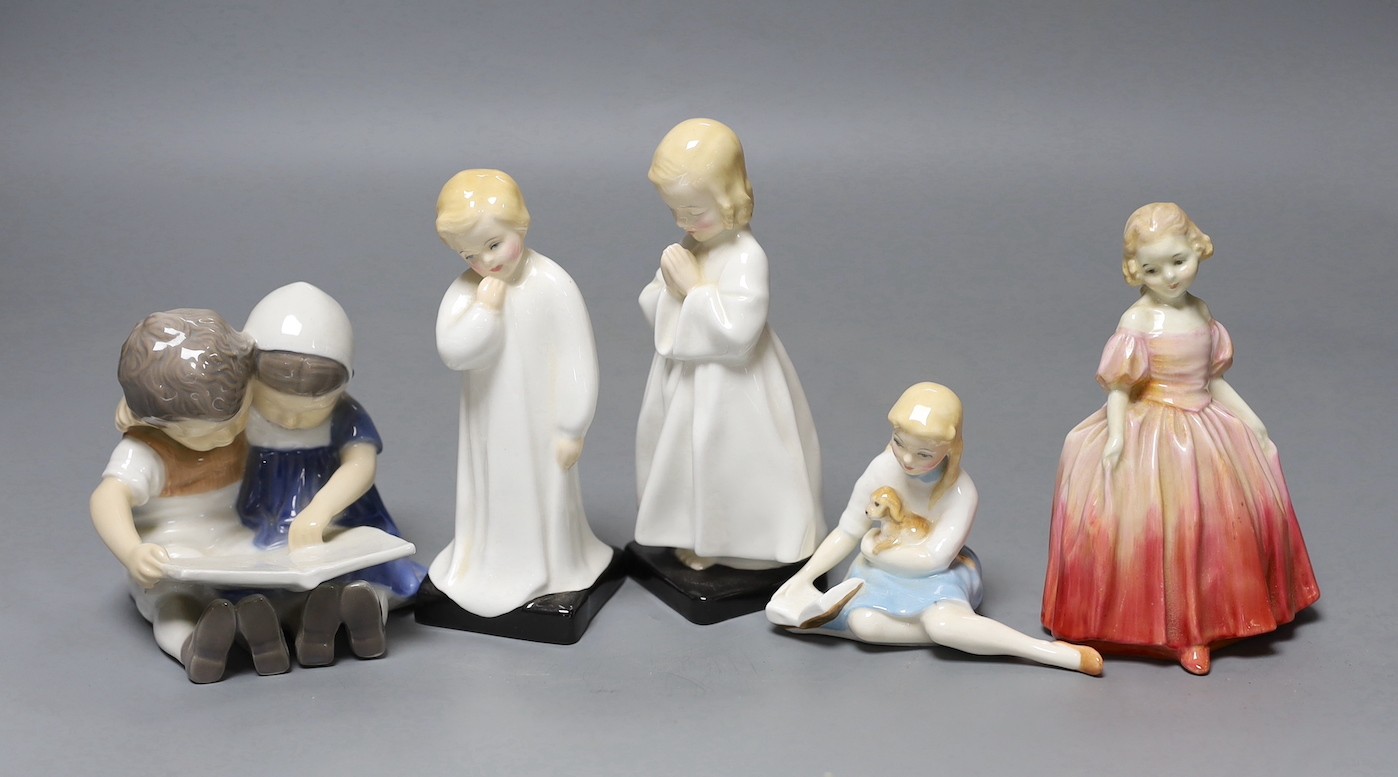 Four Royal Doulton figures and a Bing and Grondahl figure, tallest 16 cms high.